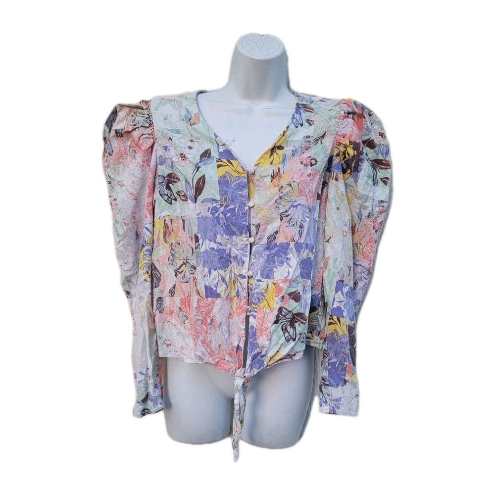 I.N.C International Concepts Linen Blend Puff Sleeve Floral Top Sz L Coastal